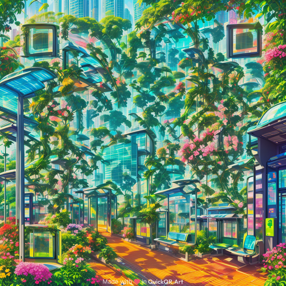 A vibrant digital illustration in a solarpunk art style showing a bus stop in a futuristic eco-city. The bus shelter is covered in lush green vines and solar panels, surrounded by flowers and tall modern buildings,The atmosphere is sunny, peaceful, and full of greenery, symbolizing harmony
