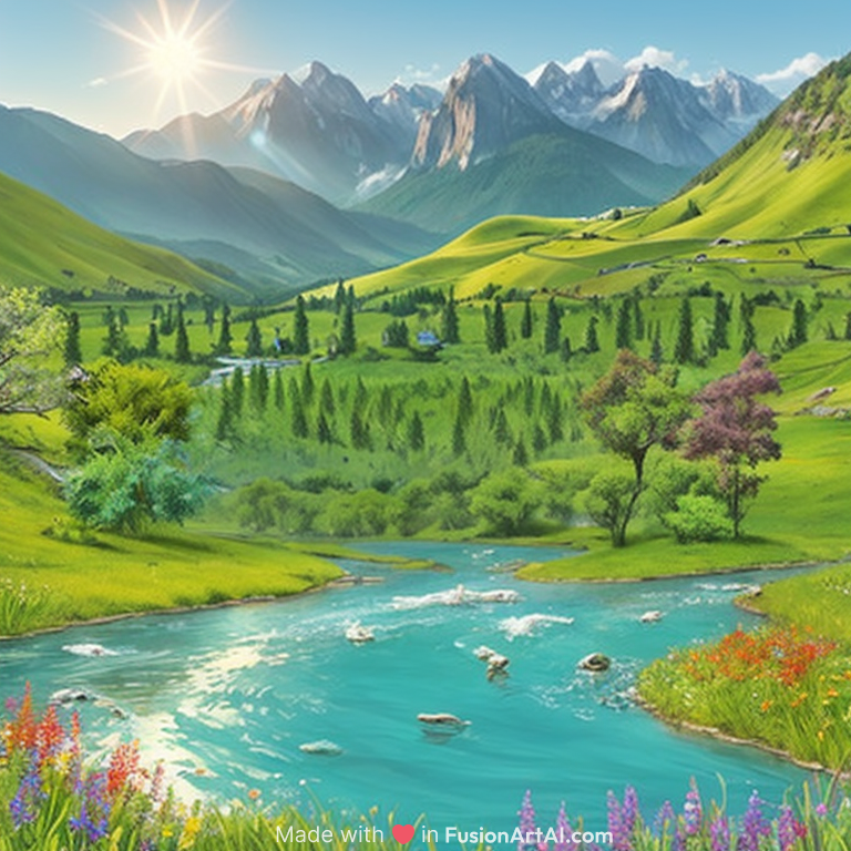 A lush, vibrant green valley surrounded by towering emerald mountains, with a crystal-clear river winding through the center, reflecting the sunlight like a mirror. The air is filled with the scent of fresh grass and wildflowers, and the sound of birds chirping echoes in the distance.