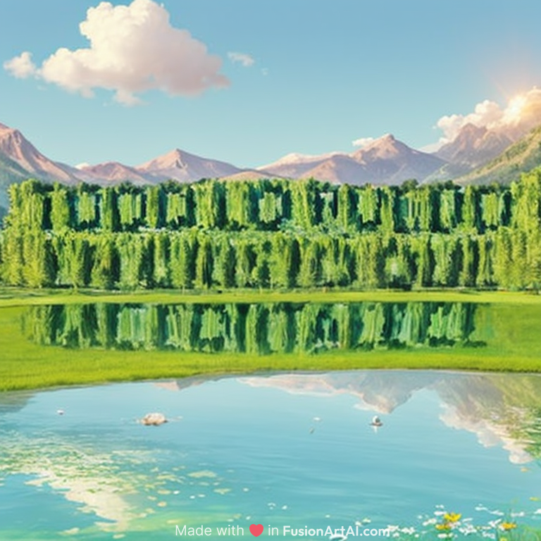 A lush, vibrant green valley surrounded by towering emerald mountains, with a crystal-clear river winding through the center, reflecting the sunlight like a mirror. The air is filled with the scent of fresh grass and wildflowers, and the sound of birds chirping echoes in the distance.