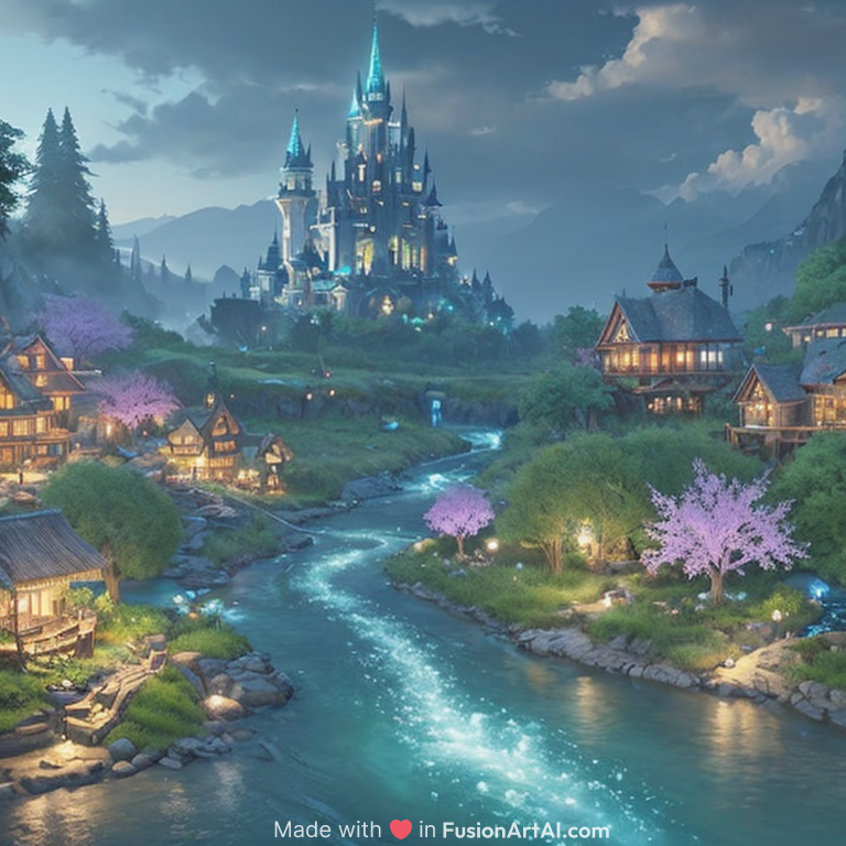 beautiful and immersive magical town, magical buildings, bioluminescent forest surrounding, gentle rivers flowing through town, visual novel key visual, award - winning digital art on pixiv, trending on artstation - highly detailed, hyperrealistic, unreal engine 5, in the style of kingdom hearts